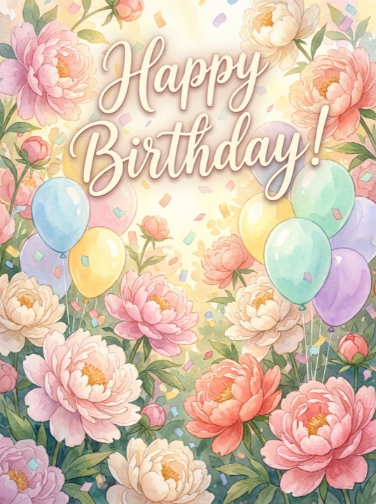 Watercolor birthday card with hand-lettered Happy Birthday over peonies and balloons