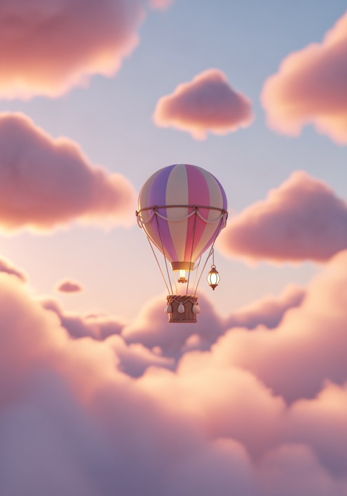 Dreamy 3D card of a hot air balloon drifting through sunset clouds