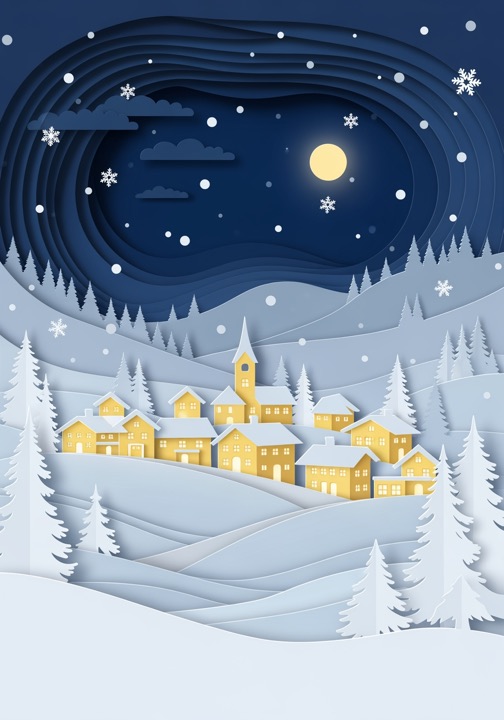 Paper-cut holiday card of a snowy alpine village at night