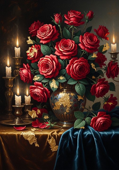 Romantic oil painting card of red roses in candlelight